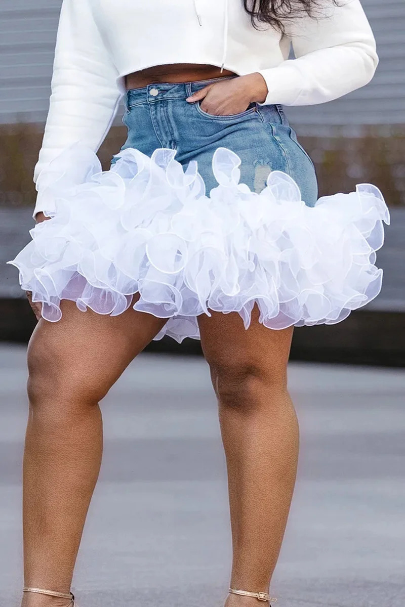 Plus Size Blue Casual Denim Tulle Pockets Skirt Sexy High Waist Streetwear Vintage Mini Skirts for Women Summer Fashion 250724