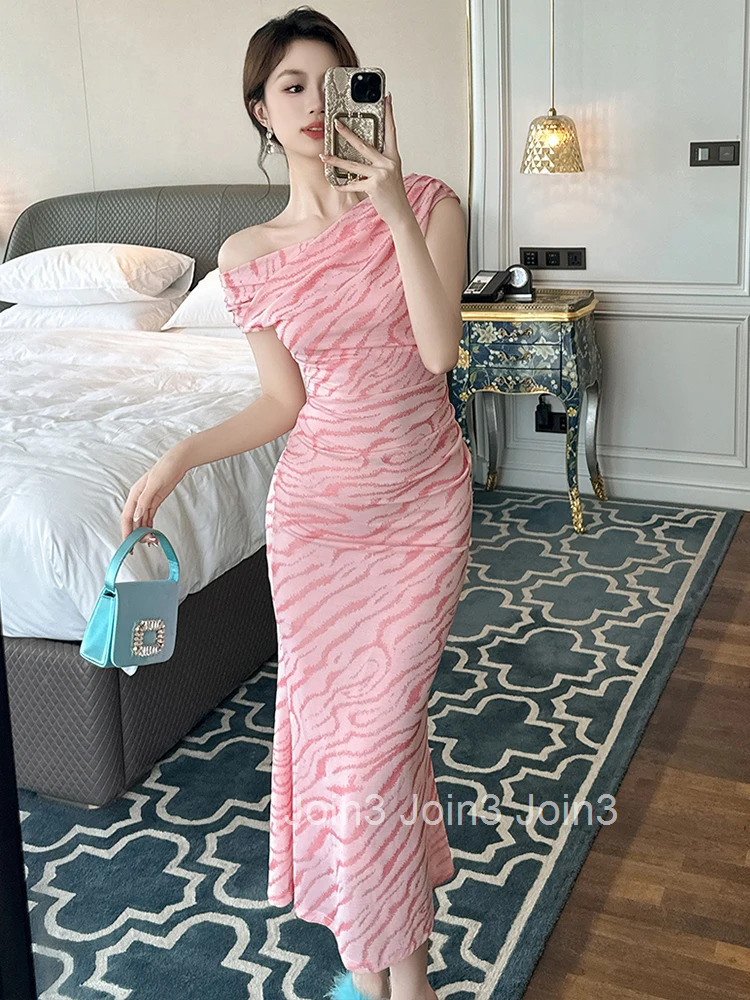 Summer Mesh Print Stretchy Mermaid Dress Women Clothes Elegant Lady Short Sleeve Skinny Midi Folds Robe Party Birthday Vestidos