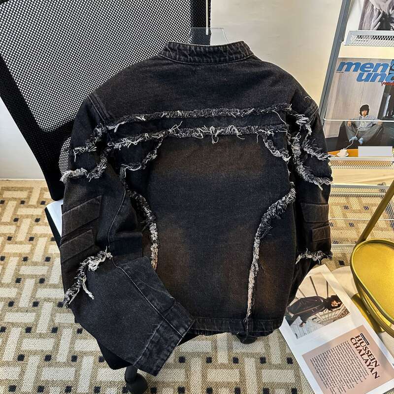 Men's Distressed Embroidered Denim Jacket With Shoulder Pads - Retro Style Biker Coat For Men, Stand Collar Loose Fit Casual Outerwear