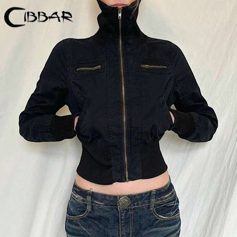 hoodie Streetwear Black Zip Up Jacket Autumn Winter Turtleneck Full Sleeve Cropped Jackets for Women y2k Vintage Ladies Outwear jacket2141