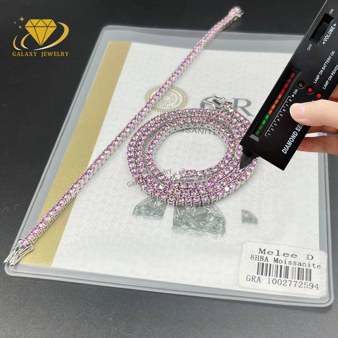 Fashion Jewelry Iced Out Pink Moissanite Colorful 3mm Moissanite Diamond Tennis Chain Tennis Bracelet for Women Men