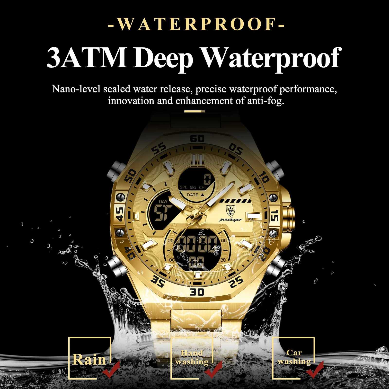 POEDAGAR New Mens Clock LED Luminous Waterproof Week Date Military Mens Electronic Wristwatch Stainless Steel Quartz Mens W250806