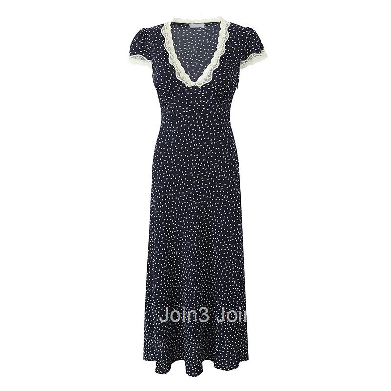 YENKYE Women Navy Blue Polka Dot Long Dress Lace Trim V Neck Short Sleeve A-line Elegant Holiday Dresses Summe Maxi Robe