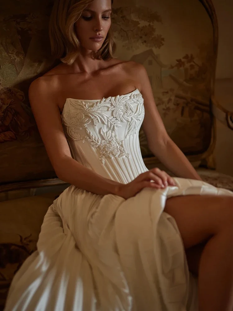 Elegant Prom Dress Mermaid Evening Dress Sleeveless Strapless Princess 3D Appliques Satin Prom Gowns Plus Size Customized vestido de novia