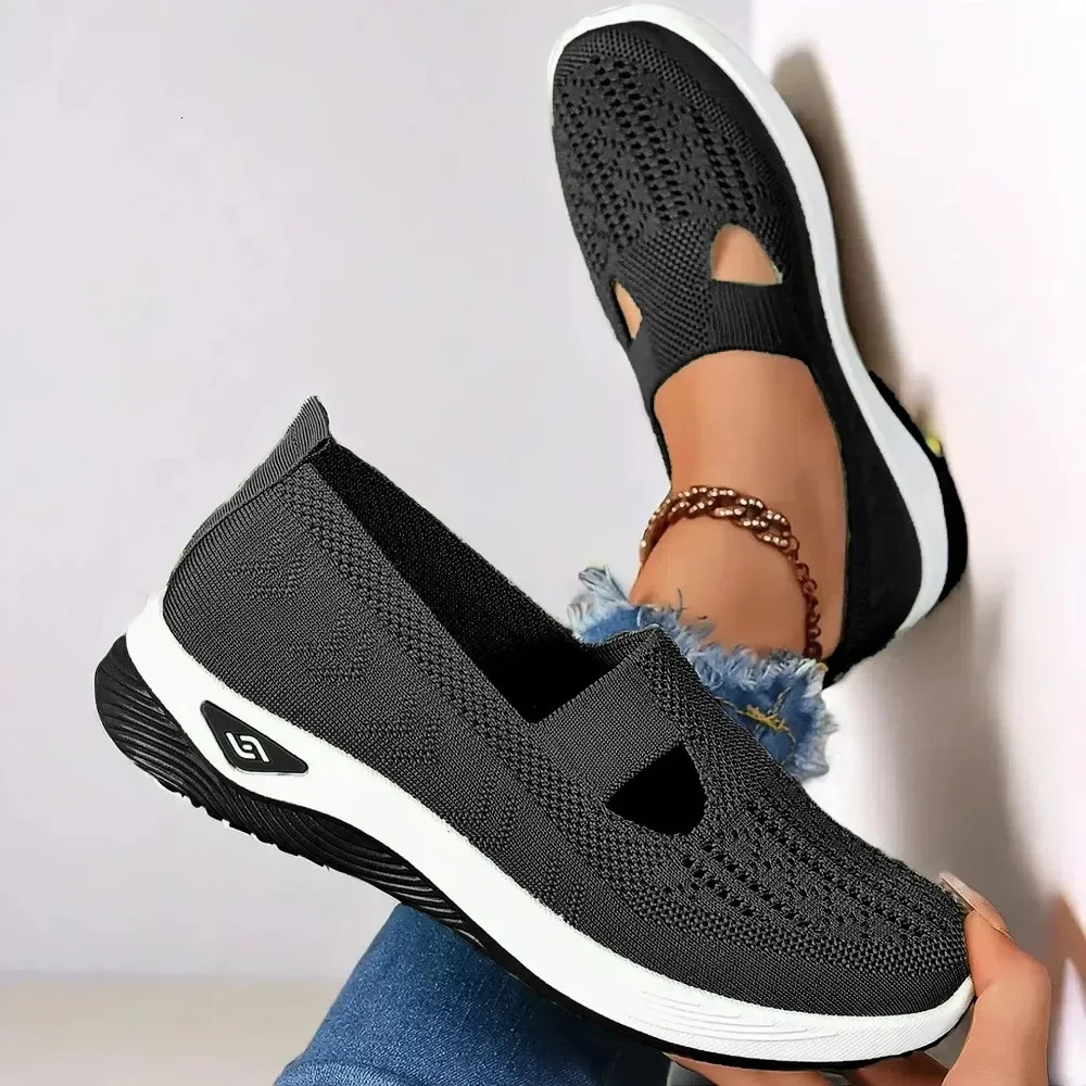 Breathable Womens Walking Shoes Soft Sole Anti Slip Knit Casual Sneakers Comfortable Summer Flats for Elderly Ladies 250731