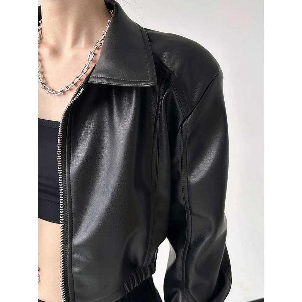 Jackets PU Leather Women Black Lapel Long Sleeve Crop Coats American Retro Streetwear Zipper Fashion Casual Female Outerwear