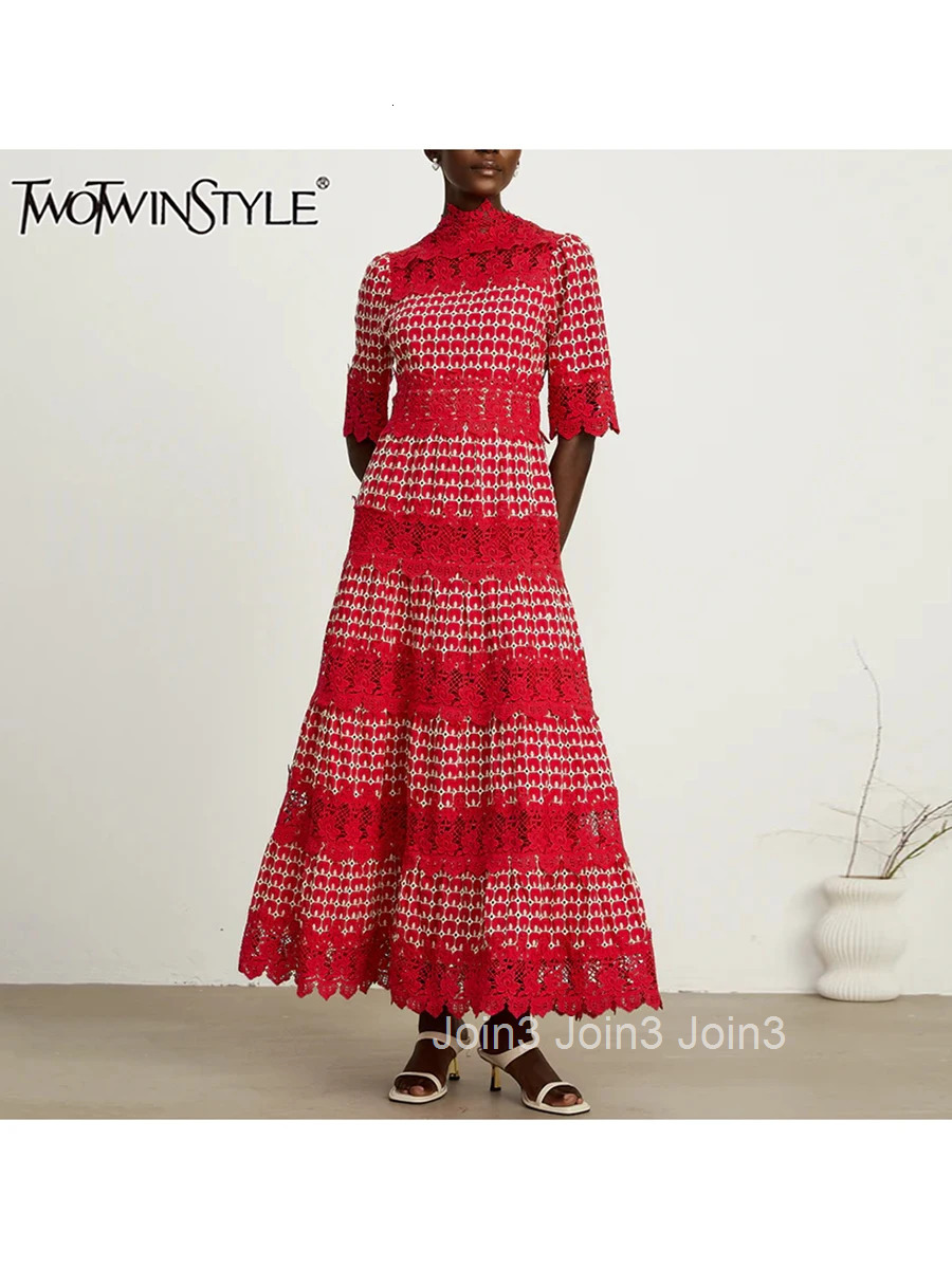 Embroidery Slimming Dress Women Stand Collar Half Sleeve High Waist Hollow Out Temperament Dresses Female Fashion