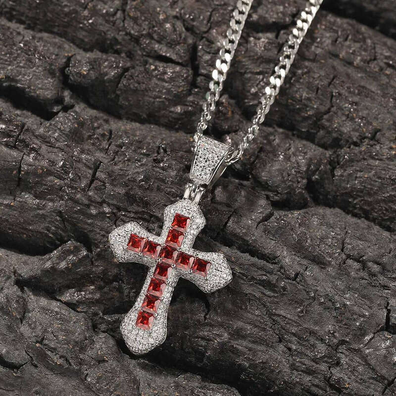 New charm bling iced out product blue zircon cross pendant necklace hip hop fashion dia jewelry all-match sweater chain gifts for women and men