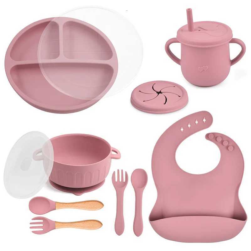 10pcs/Set Baby Childrens Tableware Feeding BPA Free Solid Color Food Plates Sucker Dishes Spoon Fork Sippy Cup Baby Supplies X250806
