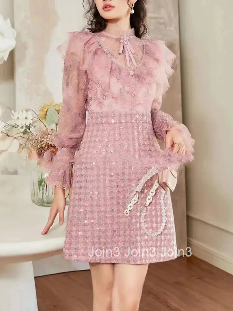 Autumn Luxury Flower Embroidery Mesh Patchwork Sequined Tweed Dress Women Ruffled Petal Sleeve Bow A Line Short Party Dresses