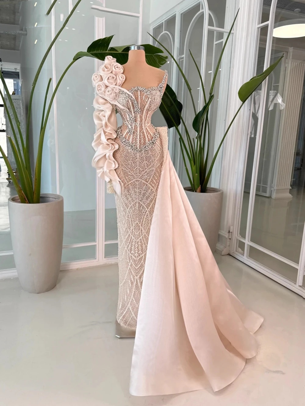 Simple One Shoulder Celebrity Evening Dresses Customized Crystal Sequined lace Prom Dresses Floor Length Party Formal Gowns
