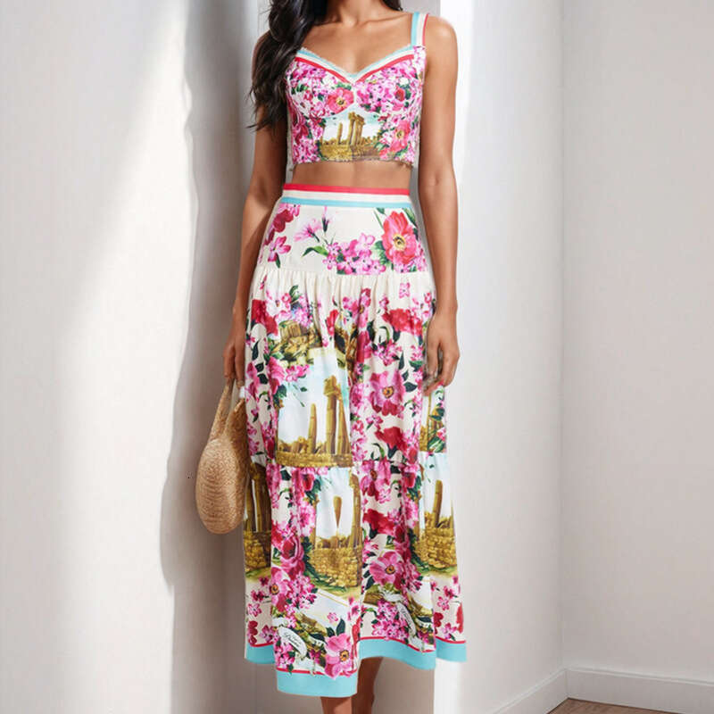 Women's Printed Strapless Camisole Top + High Waist Skirt Fashion Two-Piece Set For Women B5