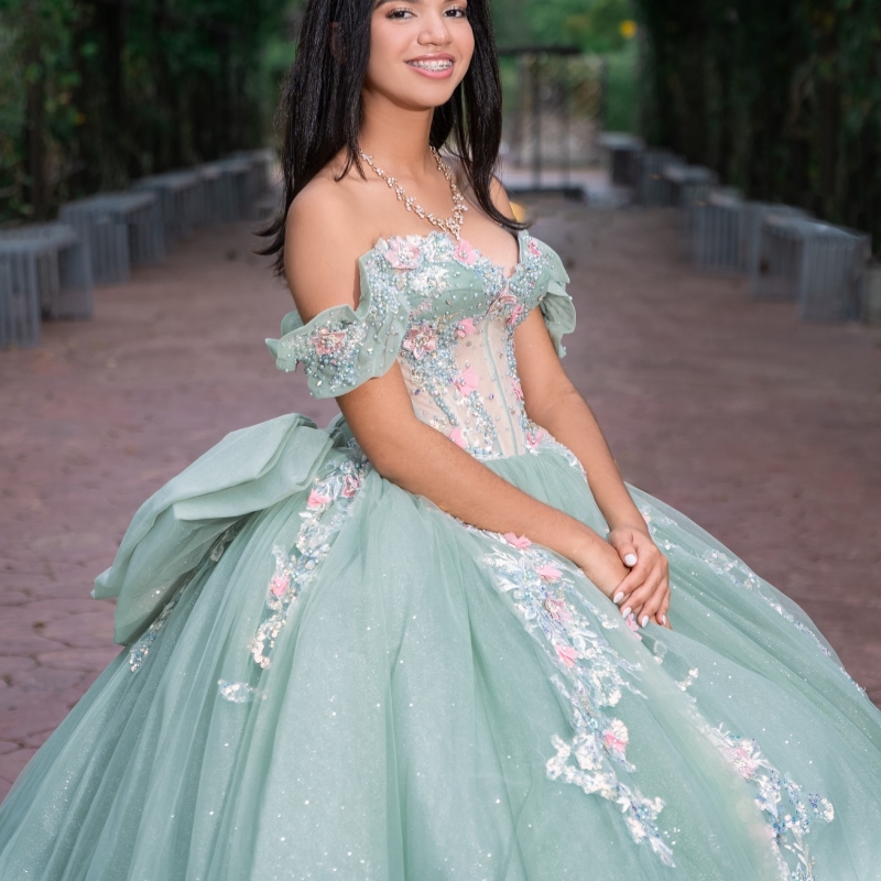 Light Green Quinceanera Dresses Off The Shoulder Applique Lace Beading Bow Tull Ball Gown Vestidos De 15 Anos Sweet 16 Dress