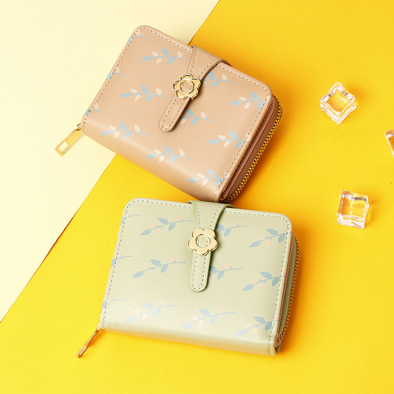 New Women's Korean Version PU Printed Short Small Wallet Buckle Student Zipper Coin Purse