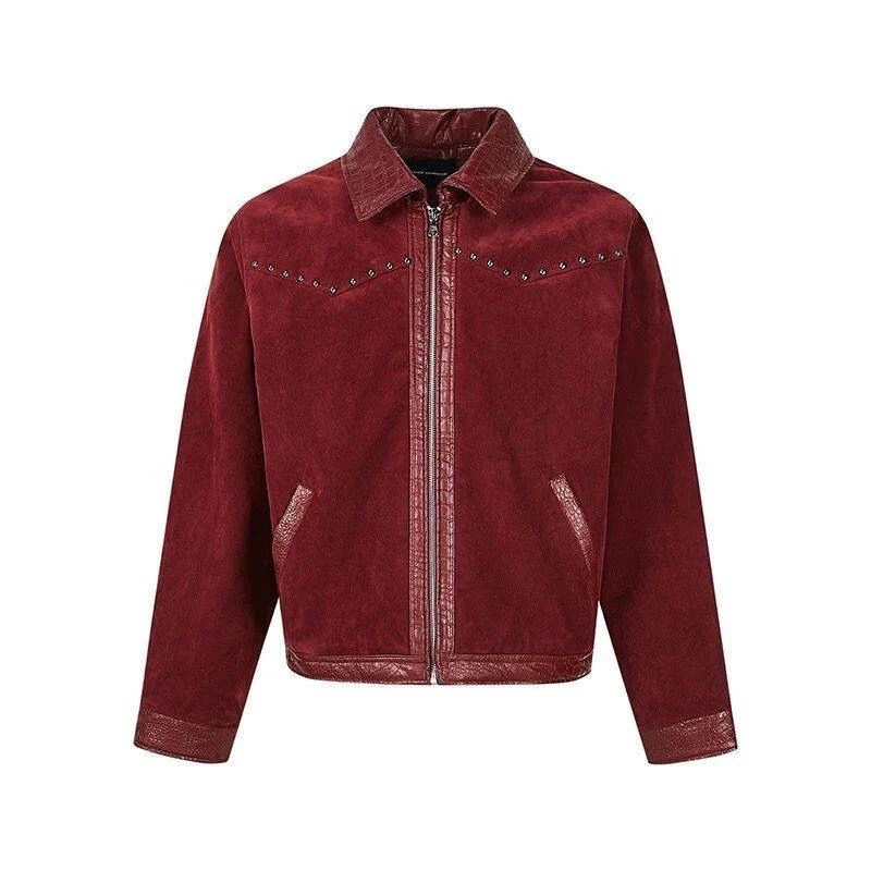FEWQ High Street Mens Coats Turn-down Collar PU Leather Patchwork Metal Rivets Zipper Solid Color Casual Male Jackets 24K3450 250806