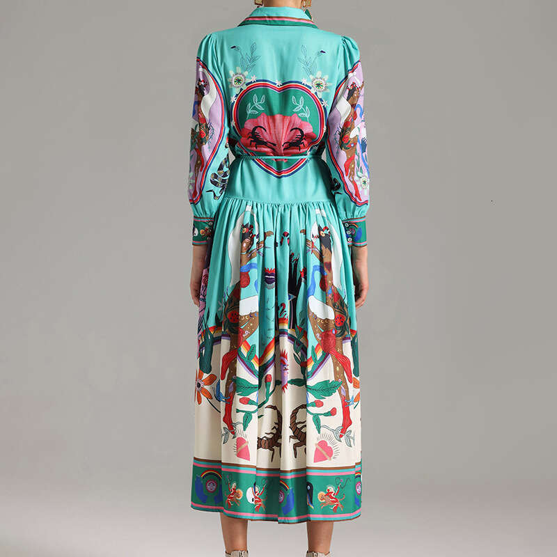 New Women's Fashion Printed Turn-Down Collar Long Sleeve Dress B5