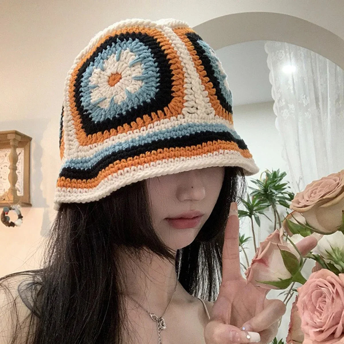 Women Muticolor Crochet Korean Handmade Bucket Hat Women Weaving Knitted Hat Y2k Fashion Flowers Autumn Winter Beanies Basin Cap 250805