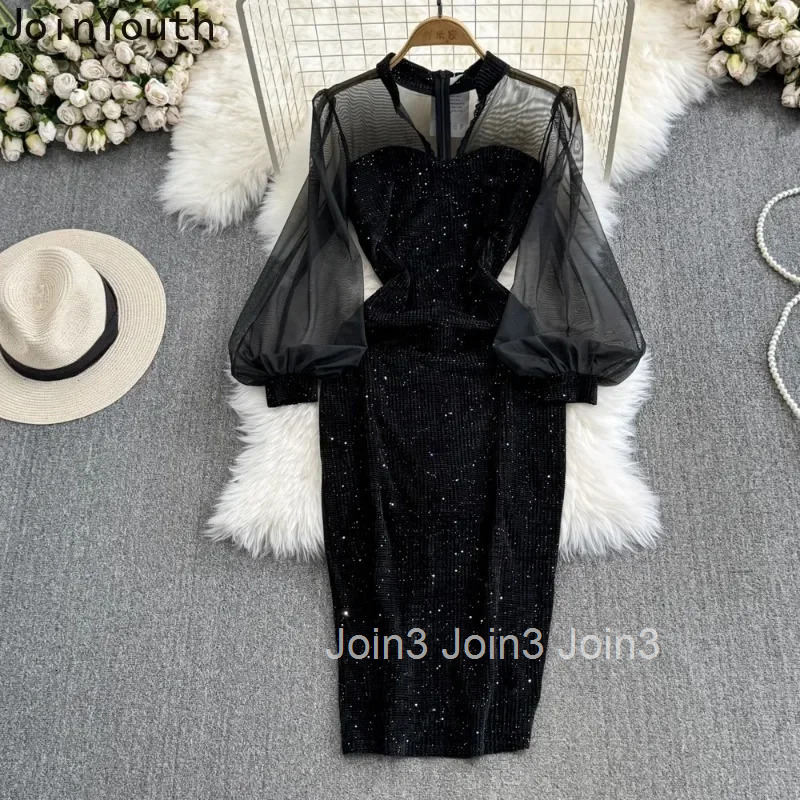 Temperament Robe Femme Black Patchwork Gauze Dress Women Vestidos De Mujer Lantern Sleeve Velvet Sequin Bodycon Dresses