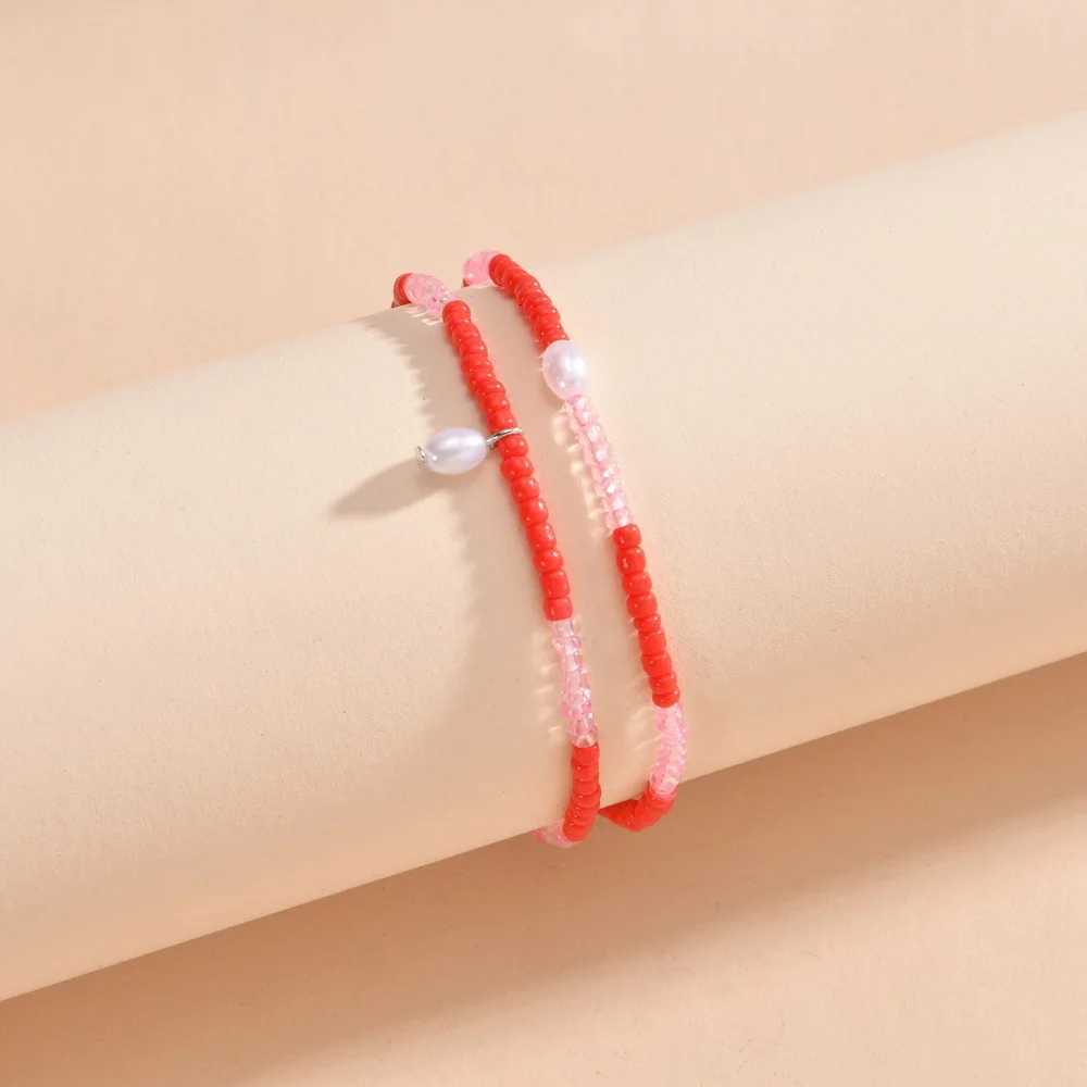 2pcs Synthetic Pearl Anklet Sets For Women Red Rice Beads Chain Ankle Adjustable Elastic Rope Foot Jewelry Accessories Y250805