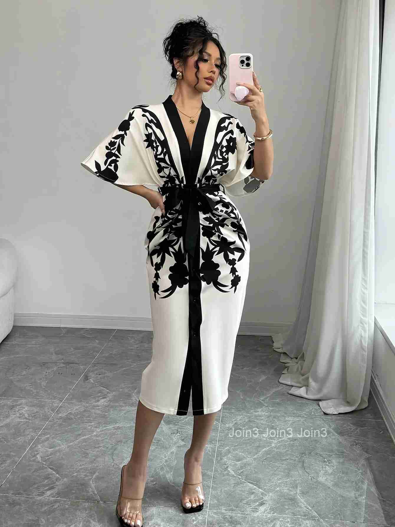 Lemongor Womens Elegant V-Neck A-line Party Dresses New Half Sleeves Flower Printed Tied Waist Urban Office Midi Dress