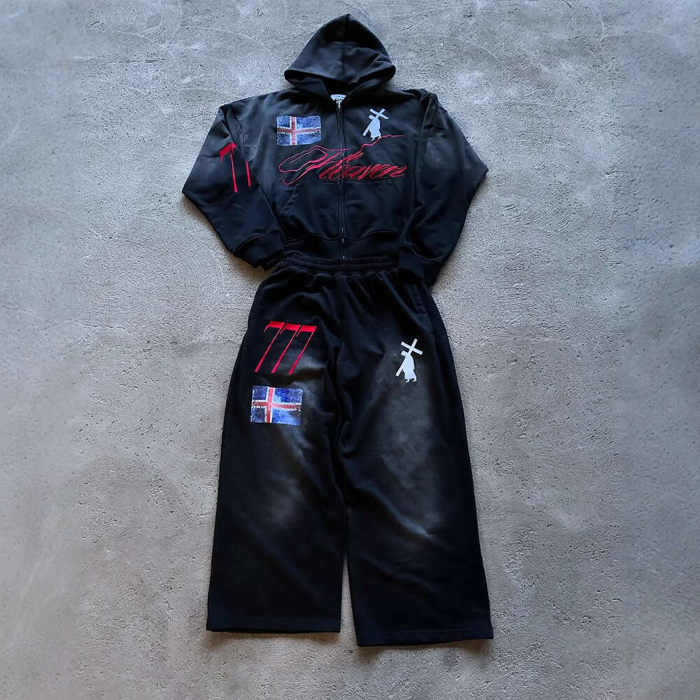 Printed Zipper Hoodie Sweatshirt Street Loose Versatile Sweatpants Casual Fashionable Sports Set