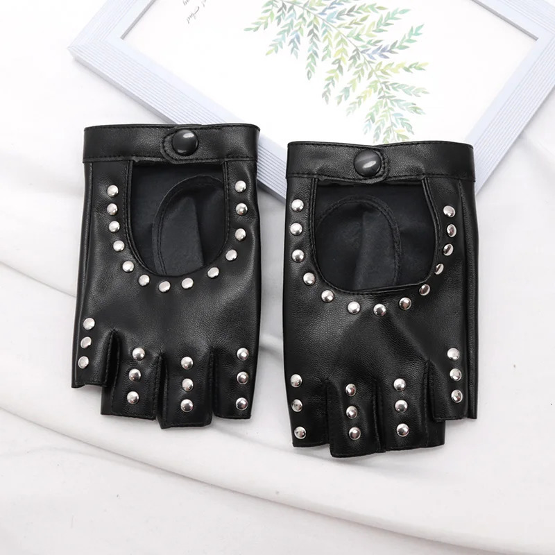 Black Gothic Rivets Fingerless Gloves Semi-Fingers Breathable Driving Men Women Pu Leather Punk Gloves Halloween Dance Gloves 250806