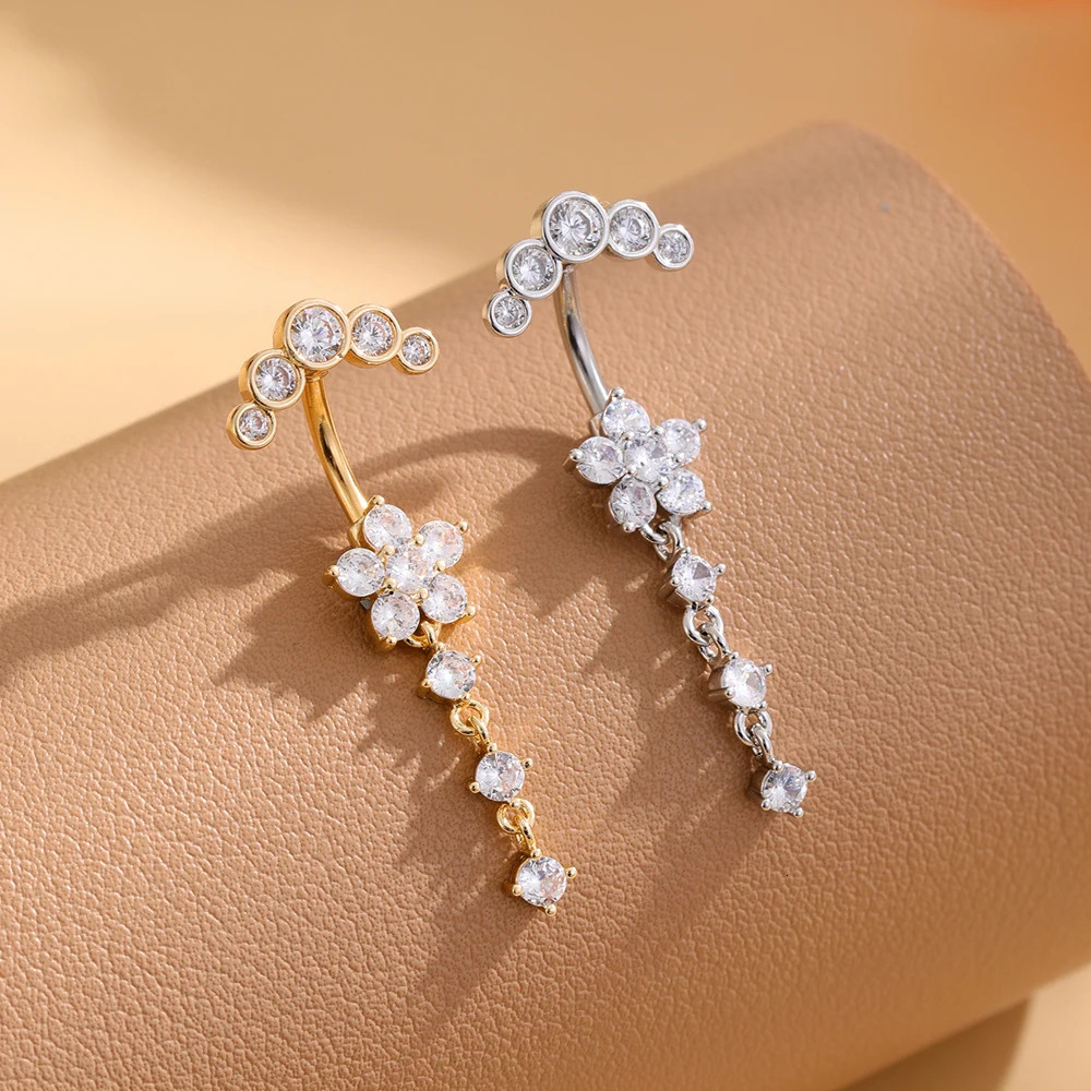Gold Color Stainless Steel Belly Button Ring Long Dangled Flower CZ Crystal Navel Belly Piercing Rings for Women Sexy Jewelry 250805