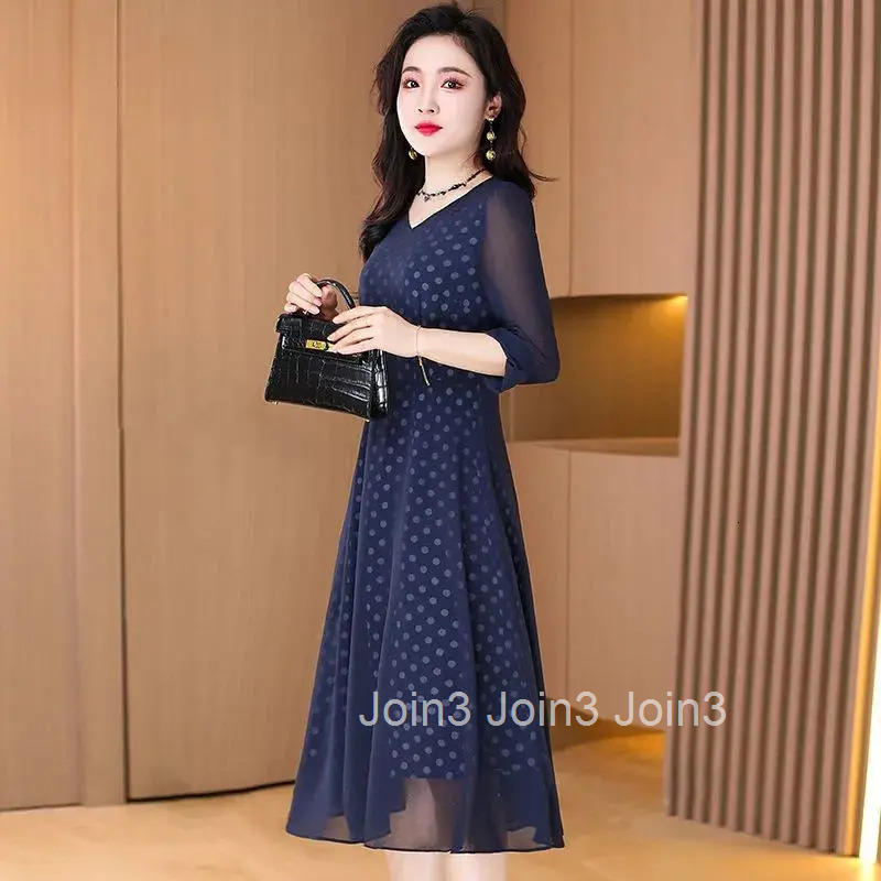 Elegant V-Neck Printed Spliced Chiffon Polka Dot Midi Dress Womens Clothing Spring Summer New Loose Chic Ladies Dresses
