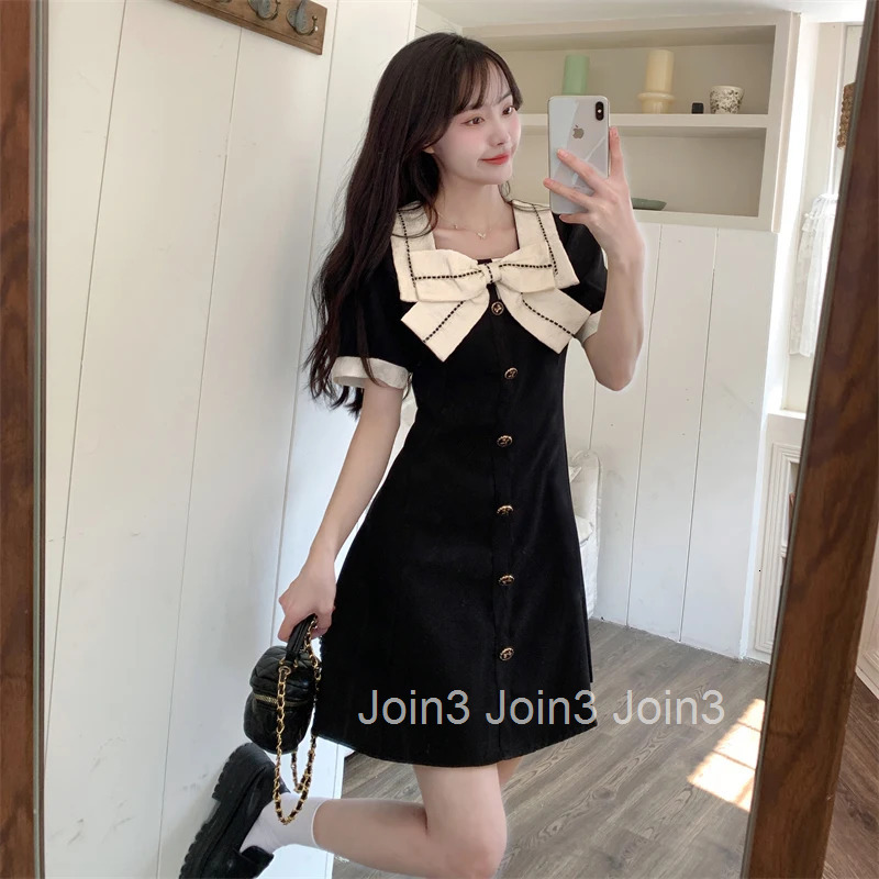High Waist Dress Women Summer Bow Sweet Square Collar Short Sleeve Princess Girlish Elegant Office Lady Korean Style Preppy Chic