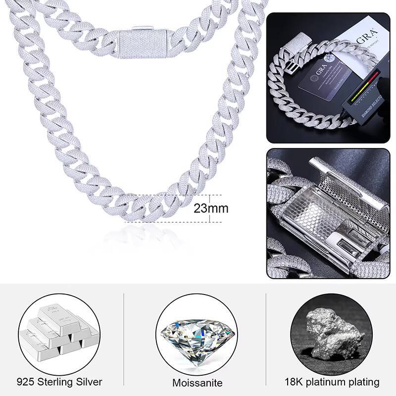 GRA Certificate 23mm D Color VVS Moissanite Diamond Iced Out Cuban Link Chain Gold Plated 925 Sterling Silver Cuban Necklace