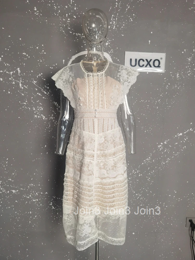 Elegant Style Lace Embroidery Patchwork Dress Apricot Fashion Hollow Out Mid Length Dresses Women Spring Summer 3A7897