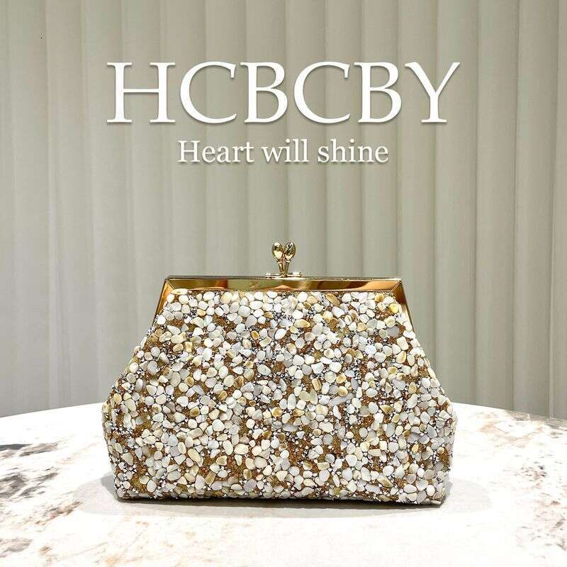 Gold Stone Shell Decorated Handbag Women's Fashionable Elegant Evening Clutch Dress Bag