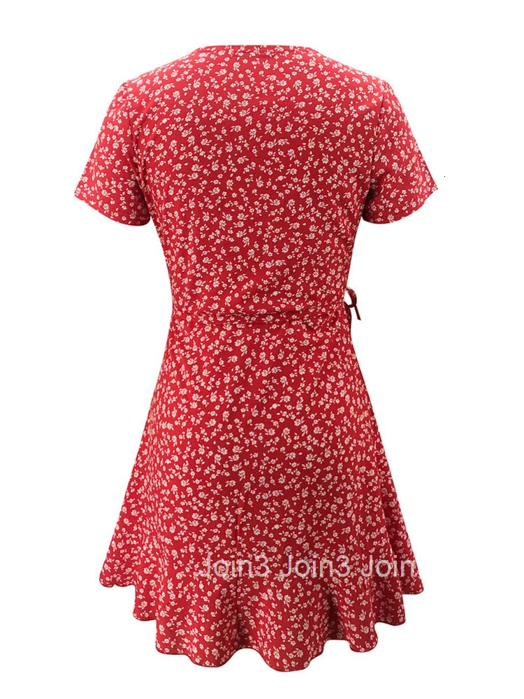 Summer Womens Floal A-Line Dress Sweet Elegant Floral Ruffles V-neck Bandage Short Dress for Lady Chic Flowers Mini Dress