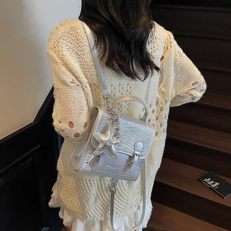 Summer Textured Handbag-Metallic Patterned Backpack with Star Color-Block College Style Women, Small Outdoor Backpack for Women
