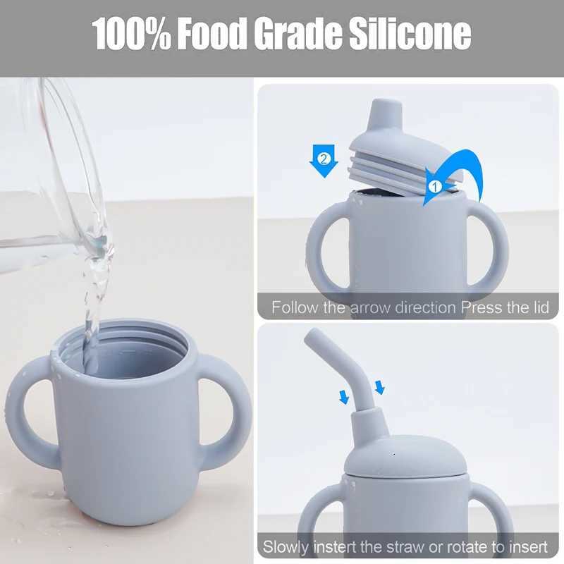 Customized Silicone Feeding Liquid Feed Straw Cup Foldable Childrens Drinking Cup Double Leakproof Water Bottle Baby Stuff X250806