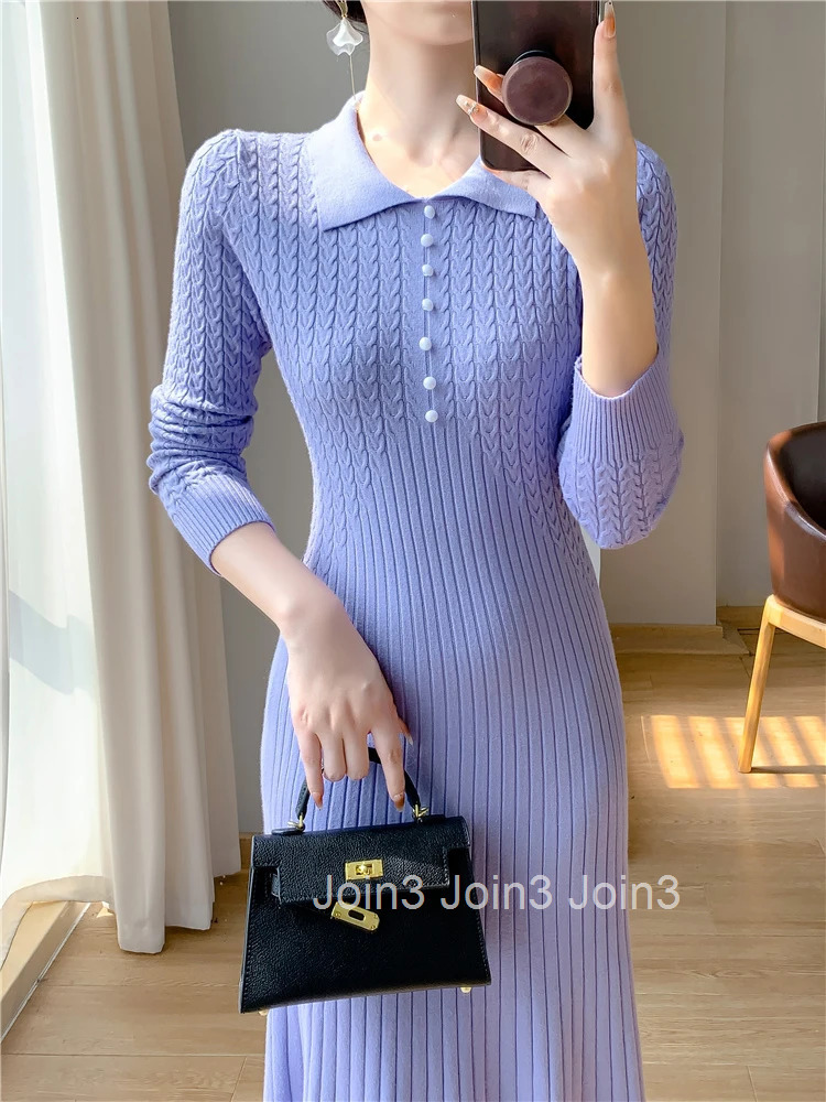 New Autumn Winter Sweater Dress Women Purple White Or Black Buttons High Waist A Line Elegant Knitted Dresses Female