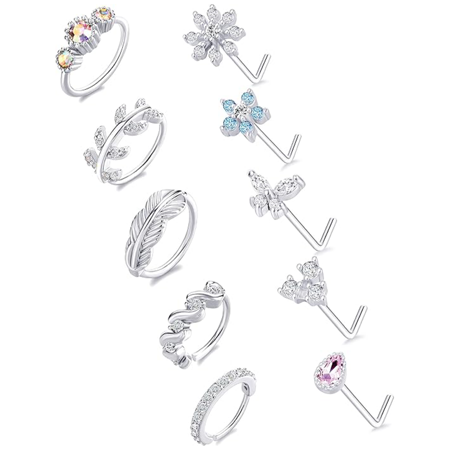 10Pcs Nose Ring Hoop Paved Flower Leaf Butterfly Feather CZ Cartilage Earrings Nose Piercing Jewelry for Women Men Silve Tone 20G