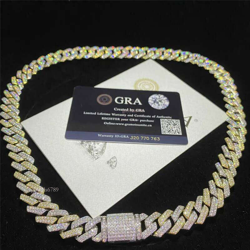 Passed the 100% dia test14mm Two Tone Vvs Necklace Sterling Sier Hip Hop Jewelry Moissanite Dia Cuban Link Chain
