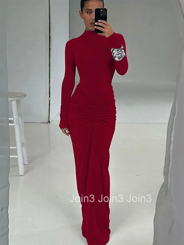 Autumn Women Dresses New Streetwear Solid Sexy Fashion Folds O-Neck Long Sleeves Casual Slim Maxi Dresses Elegant Knitted Dress