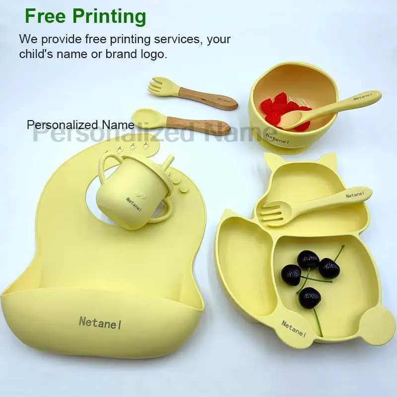 Baby Silicone Sucker Bowl Plate Cup Bibs Spoon Fork Sets Children Tableware Baby Feeding Dishes Sets Personalized Name BPA Free X250806