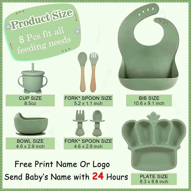 8Pcs Crown Plate For Kids Baby Feeding Set Childrens Silicone Tableware Free Personalized Name Suction Cup Bowl BPA Free X250806