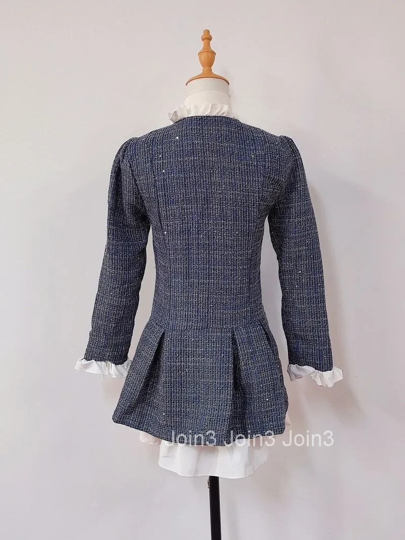 French Tweed Splice Pleated Dress Women Korean Flounce Single Breasted Fashion Shiny Temperament Gentle Waist Slim Spring Wear