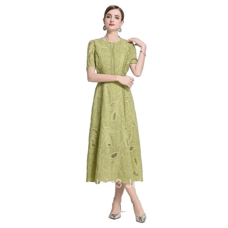 Elegant Lace Sleeve Midi Dress Womens round Neck Gored Skirt Short Sleeve Slimming Summer New Style Vintage High-End Feeling