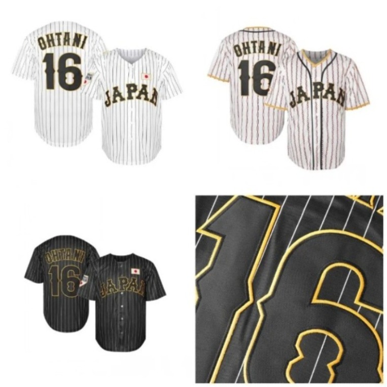 IN STOCK Mens Japan 16 OHTANI Baseball Jersey Embroidered Jersey White Black Stiched Nmae Number3