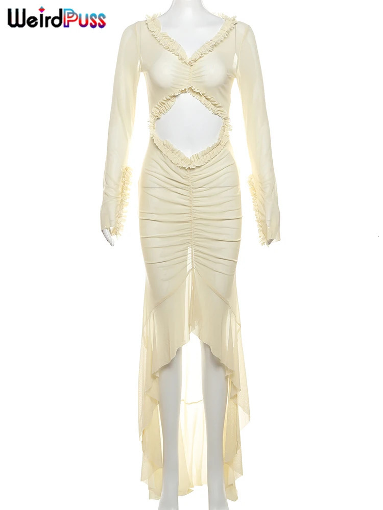 Weird Puss Sexy Sheer Women Dress Elegant Hollow V-Neck Splits Long Sleeves Ruffles Lace Ruched Bodycon Beach Vacation Clubwear 250806