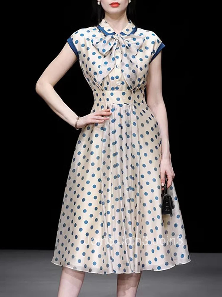 Fashion Temperament Dresses For Women Polka Dot Print Short Sleeve Summer Bowknot Slim A-Line Knee Length Party Dress Vestidos