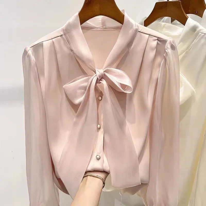 Chiffon Blouse Women Long Sleeve Ribbon Elegant Blouse for Women Korean Fashion Shirts and Blouses Autumn Womens Clothing 250806