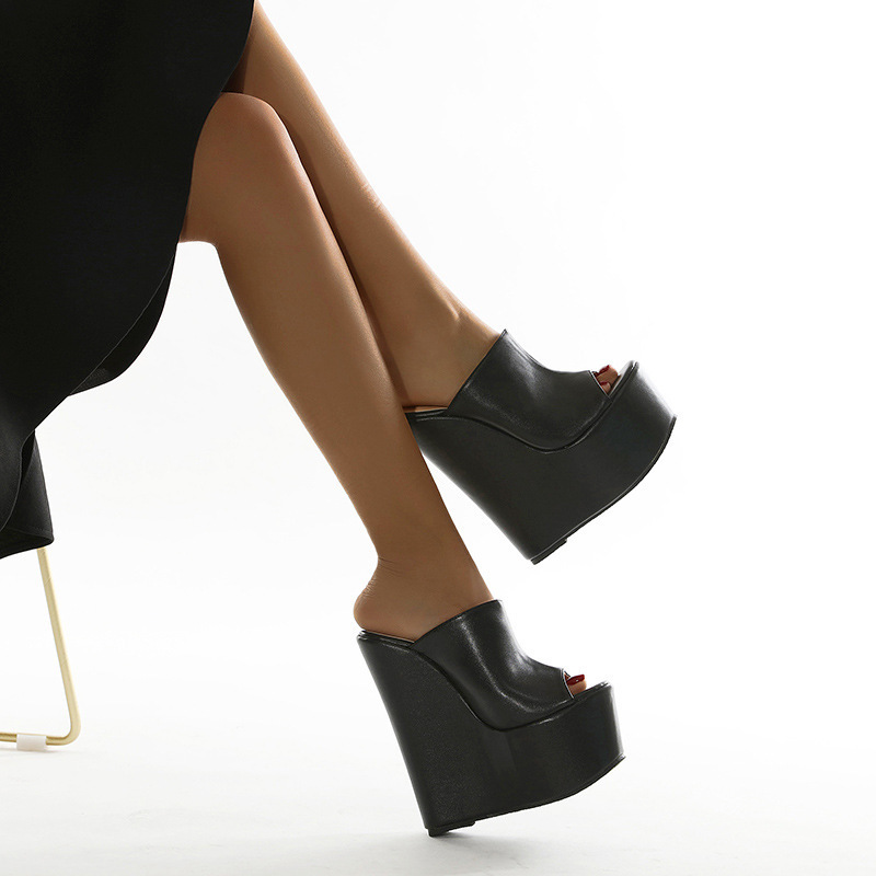 New Women's 16cm Platform Wedge Sandals - Black Ultra Fiber One-Strap High Heel Slide Sandals