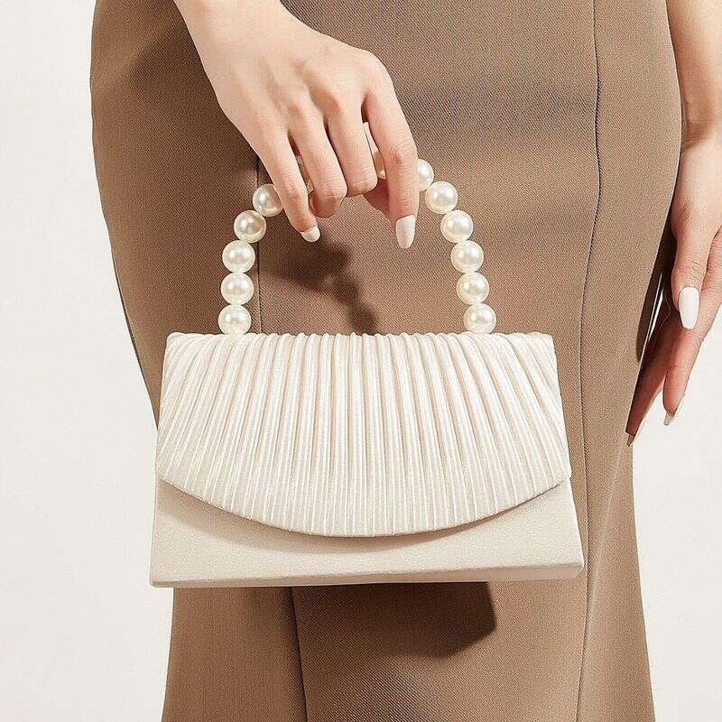 2025 Spring/Summer New Satin Pleated Flap Fashion Handbag With Embellished And Pearl Handle Stripe Design Crossbody Bag