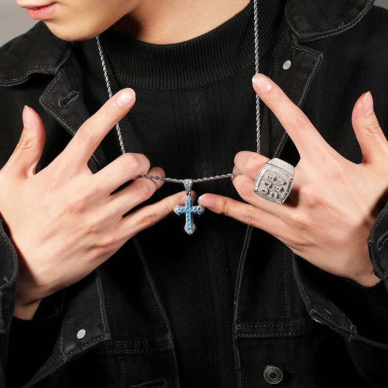 New charm bling iced out product blue zircon cross pendant necklace hip hop fashion dia jewelry all-match sweater chain gifts for women and men